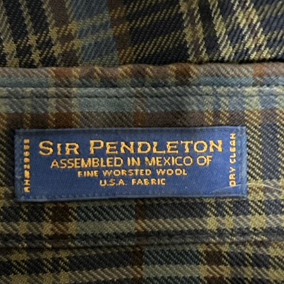 Sir Pendleton Mens Large Shirt 100% Wool Blue Brown Plaid L Button Down Collar - Picture 5 of 6